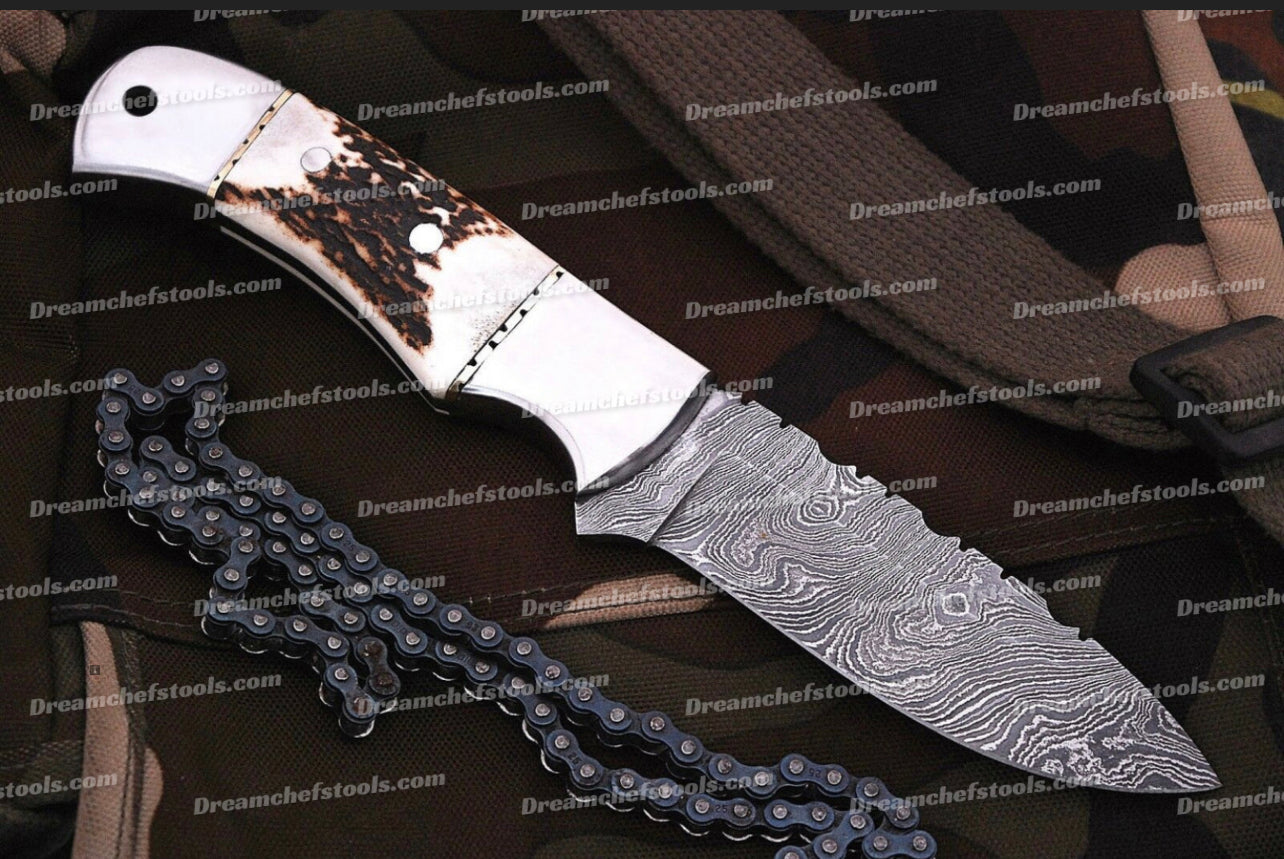 CUSTOM HANDMADE DAMASCUS STEEL HUNTING KNIFE HANDLE STAG HORN
